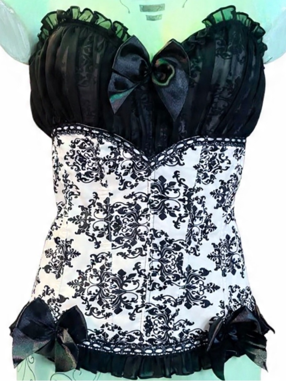 Black & White damask Patterned Bustier Corset with Ruffled Trim